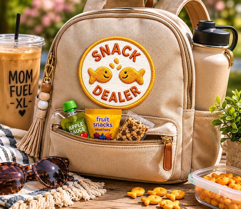 Op de afbeelding: Een beige rugzak met een "Snack Dealer" patch, een waterfles en een doorzichtige beker ijscoffie. De voorzak van de rugzak bevat appelmoes, fruitsnacks en granola. Zonnebril en snacks zijn ook zichtbaar.