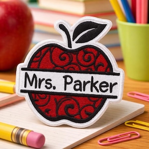 Patch personalizado para professor/Patch termocolante/Etiqueta personalizada com nome em formato de maçã, presente para professor/Aplique bordado para costurar em roupas, coletes, jaquetas e mochilas