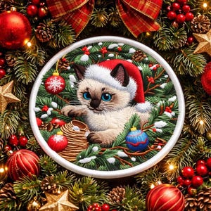 Écusson chat siamois brodé appliqué à thermocoller/à coudre pour sac à dos, vêtements, jean, veste, bas, arbre de Noël, père Noël, animal