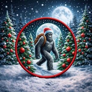 Christmas Bigfoot Patch Printed Embroidered Base Iron-on/Sew-on Applique for Backpack Clothing Jeans Jacket Stocking, Cryptid, Santa Hat