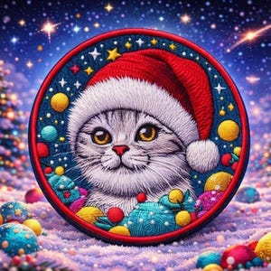 Christmas Cat Patch Printed Embroidered Iron-on/Sew-on Applique for Backpack Clothing Jeans Jacket Stocking, Christmas, Animals, Santa Hat