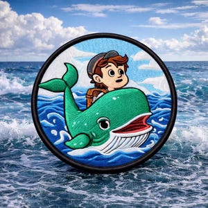 ヨナとクジラのパッチプリント刺繍入りアイロン接着/縫い付けアップリケ。バックパック、衣類、ジーンズ、ジャケット、ベスト、聖書物語、宗教、愛用。