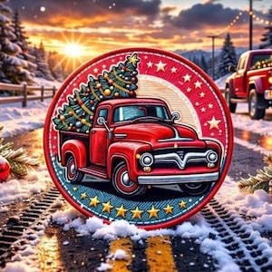 Red Truck Christmas Tree Patch Printed Embroidered Iron-on/Sew-on Applique for Backpack Clothing Jeans Jacket Stocking, Antique Vehicle