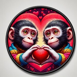 May include: Two monkeys with black fur and bright eyes are holding a red heart in their hands. They are surrounded by a red heart shape and small pink hearts. The image is on a round, black-edged patch.