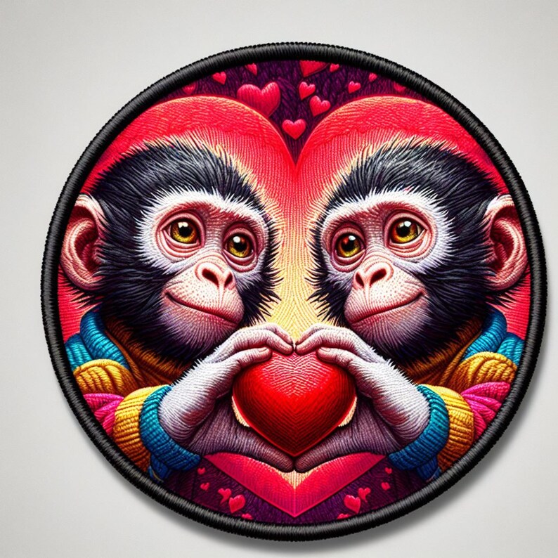 May include: Two monkeys with black fur and bright eyes are holding a red heart in their hands. They are surrounded by a red heart shape and small pink hearts. The image is on a round, black-edged patch.