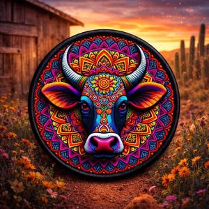 Cow Mandala Patch Printed Embroidered Base Iron-on/Sew-on Applique Backpack Clothing Jeans Jacket, Farm Animal Badge, Horse, Bull, Cattle