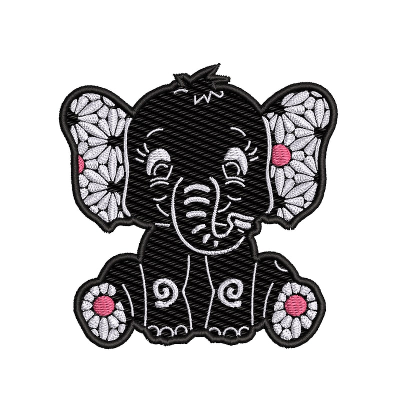 K&ouml;nnte beinhalten: Schwarz-wei&szlig; gestickter Aufn&auml;her eines Cartoon-Elefanten mit rosa Blumen an Ohren und F&uuml;&szlig;en. Der Elefant sitzt mit gekreuzten Beinen und hat einen fr&ouml;hlichen Gesichtsausdruck.