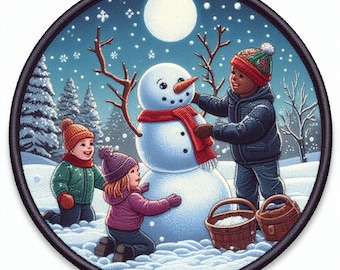 Kids Building a Snowman Patch Printed Embroidered Iron-on/Sew-on Applique for Backpack Clothing Jeans Jacket Stocking, Christmas, Siblings