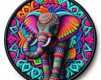 Elephant Mandala Patch Printed Embroidered Base Iron-on/Sew-on Applique Backpack Clothing Jean Jacket, African Wild Animal, Decorative Badge