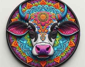 Cow Mandala Patch Printed Embroidered Base Iron-on/Sew-on Applique Backpack Clothing Jeans Jacket, Farm Animal Badge, Horse, Bull, Cattle