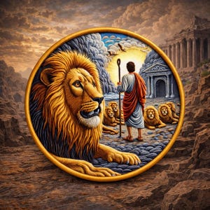 Daniel and The Lion's Den Patch Printed Embroidered Iron-on/Sew-on Applique for Backpack Clothing Jeans Jacket Vest, Bible Stories, Religion