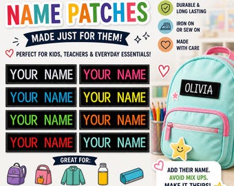 May include: Custom name patches in various colors, perfect for personalizing backpacks, lunch bags, and jackets. The patches are iron-on or sew-on and are durable and long-lasting. The image shows a light blue backpack with a name patch that says "Olivia".