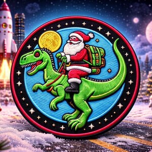 Weihnachtsmann reitet T-Rex Aufnäher Gestickt Aufnäher zum aufnähen / Aufnähen für Rucksack Kleidung Jeans Jacke