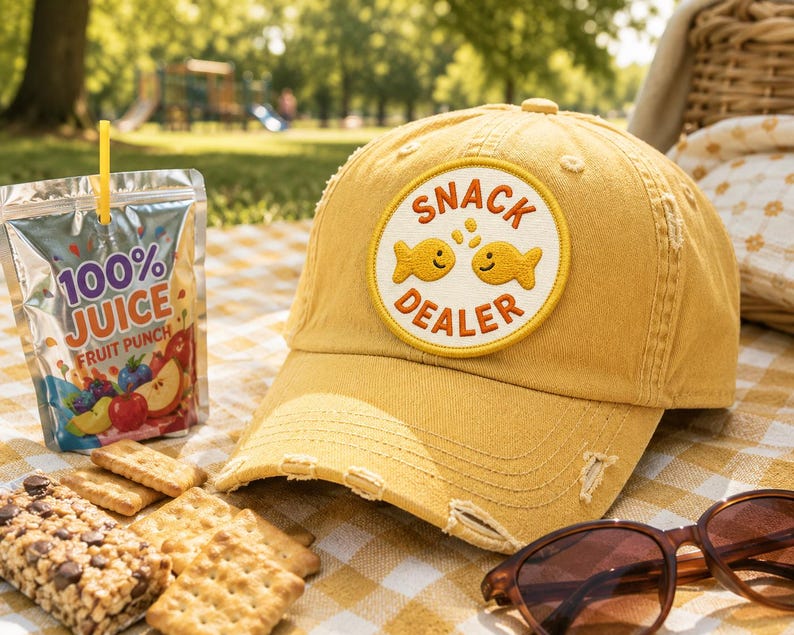 Op de afbeelding: Mosterdgele baseballcap met een versleten rand en een patch met de tekst "SNACK DEALER" met twee cartoon gouden vissen. Een pakje sap, crackers en een zonnebril liggen op een picknickkleed.