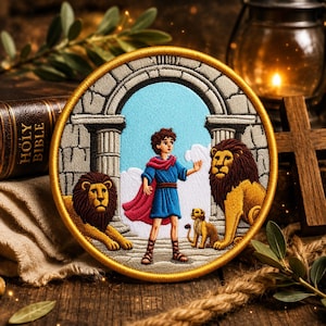 May include: Embroidered patch featuring a young person in blue and red attire, standing between two lions and a small lion cub, under an archway. The patch has a gold border and is set against a light blue sky background. The patch is on a wooden surface.