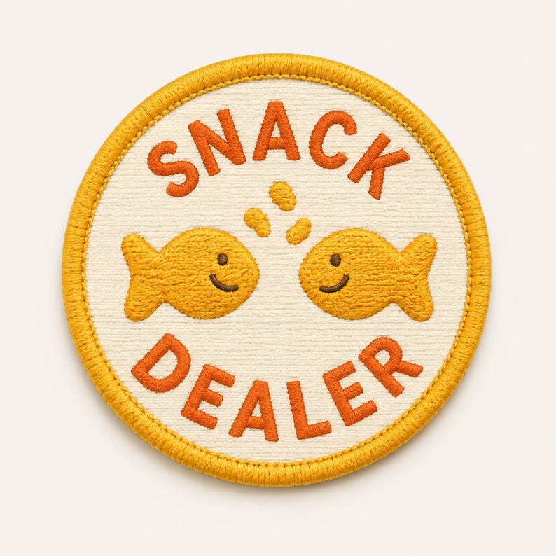 Op de afbeelding: Geborduurde patch met een cr&egrave;mekleurige achtergrond en een gele rand. De patch toont twee lachende goudvissen en de woorden "SNACK DEALER" in oranje letters. Het ontwerp bevat oranje snackvormige details boven de vissen.