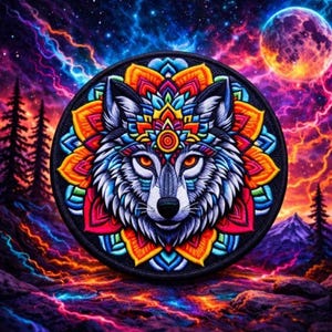 Wolf Mandala Patch Printed Embroidered Base Iron-on/Sew-on Applique Backpack Clothing Jeans Jacket, Wild Animal Badge, Coyote, Fox, Bear