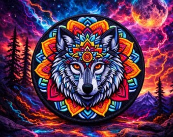 Toppa a forma di lupo/Toppa termoadesiva/Stile mandala/Distintivo animale selvatico/Amante della natura/Campeggio ed escursionismo/Applicazione da cucire per abbigliamento, gilet, giacca, cappello, zaino