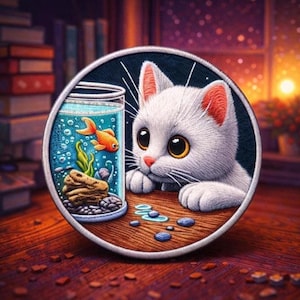 Cat Staring at Fish Bowl Patch Printed Embroidered Iron-on/Sew-on Applique for Backpack Clothing Jeans Jacket Diaper Bag, Cartoon, Big Eyes