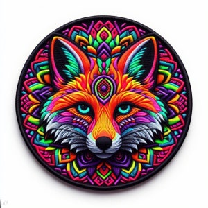 Toppa volpe mandala stampata base ricamata termoadesiva/cucita applique zaino abbigliamento giacca jeans, distintivo animale selvatico, coyote, lupo, orso