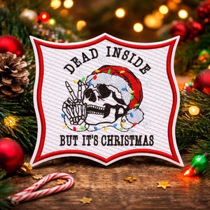 Dead Inside But It's Christmas Patch, Embroidered Iron-on Applique for Diaper Bag Backpack Clothing Jeans Jacket Vest, Santa Hat, Skeleton