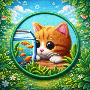 金魚鉢を見つめる猫のパッチ/アイロン接着パッチ/家族のペットギフト/猫のユーモア/衣類のベスト/ジャケットのバックパックに縫い付けるアップリケ