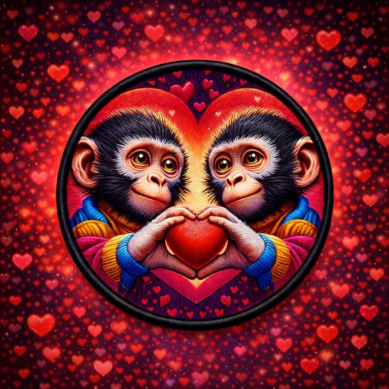 Monkey Patch Printed Embroidered Base Iron-on/Sew-on Applique Backpack Clothing Denim Jeans Jacket, Love Animal Valentine's Day Couple Heart image 1