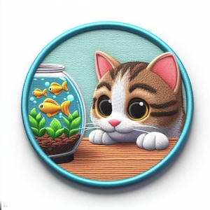 Cat Staring at Fish Bowl Patch Printed Embroidered Iron-on/Sew-on Applique for Backpack Clothing Jeans Jacket Diaper Bag, Cartoon, Big Eyes