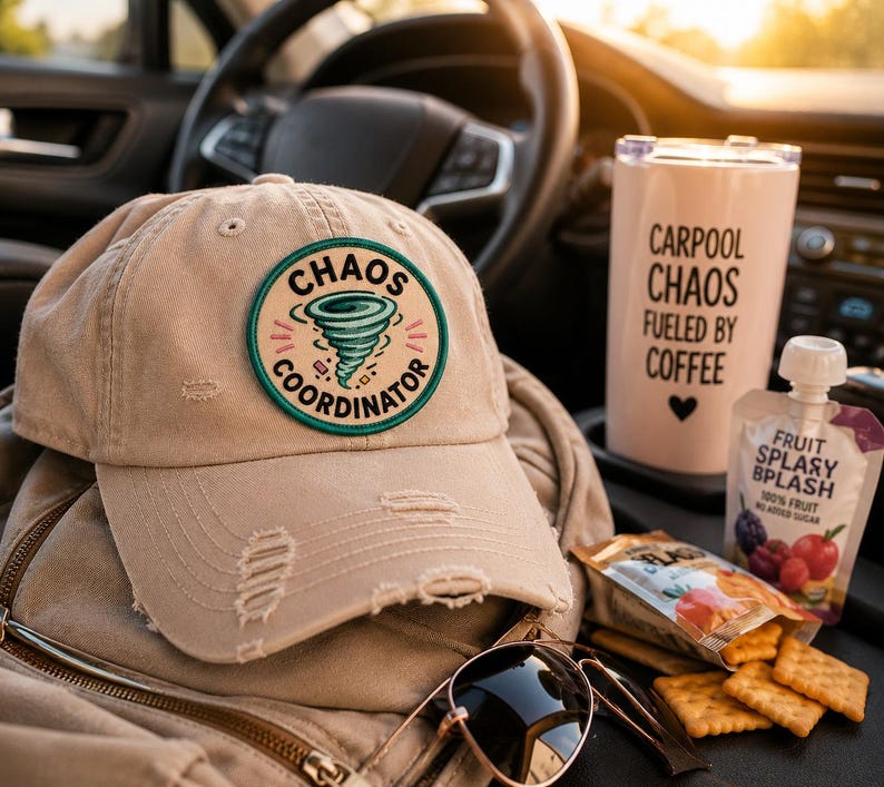 May include: A tan baseball cap with a distressed design and a circular patch that reads "Chaos Coordinator" with a tornado graphic. A pink travel mug with the text "Carpool Chaos Fueled by Coffee" and a fruit snack pouch are also visible.