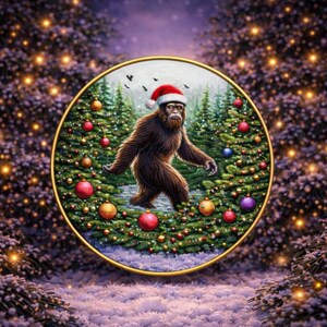 Christmas Bigfoot Patch Printed Embroidered Base Iron-on/Sew-on Applique for Backpack Clothing Jeans Jacket Stocking, Cryptid, Santa Hat