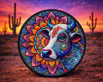 Toppa mucca-toro/Toppa termoadesiva/Stile mandala/Distintivo animale selvatico, coyote, lupo, orso/Applicazione da cucire per zaini, abbigliamento, jeans, giacche/gilet