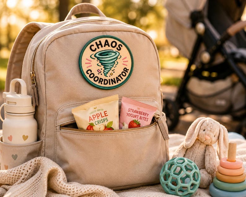 May include: Beige backpack with a "Chaos Coordinator" patch, a water bottle, and snacks. The backpack's front pocket holds two snack packets. A plush bunny, a green ball, and a wooden stacking toy are nearby. The scene is set outdoors.