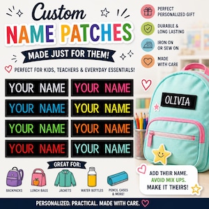 May include: Custom name patches in various colors, perfect for personalizing backpacks, lunch bags, jackets, and more. The patches are iron-on or sew-on and are durable and long-lasting. The image shows a light blue backpack with a name patch.
