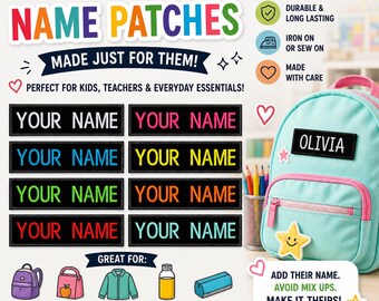 May include: Custom name patches in various colors, perfect for personalizing backpacks, lunch bags, jackets, and more. The patches are iron-on or sew-on and are durable and long-lasting. The image shows a light blue backpack with a name patch.