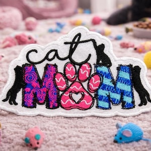 Cat Mom Patch Embroidered Iron-on Applique for Backpack Clothes Jeans Jacket Purse, Feline Kitten Emblem, Cat Lover