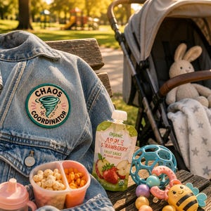 May include: A light blue denim jacket with a "Chaos Coordinator" patch, a baby stroller with a stuffed bunny, and baby snacks. Also visible are a baby bottle, a fruit pouch, and baby toys on a wooden bench in a park setting.