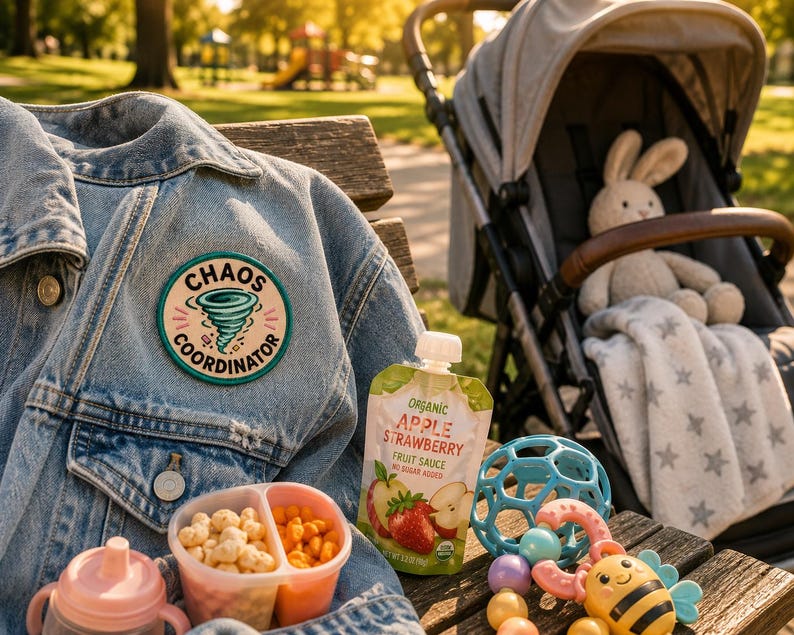 May include: A light blue denim jacket with a "Chaos Coordinator" patch, a baby stroller with a stuffed bunny, and baby snacks. Also visible are a baby bottle, a fruit pouch, and baby toys on a wooden bench in a park setting.