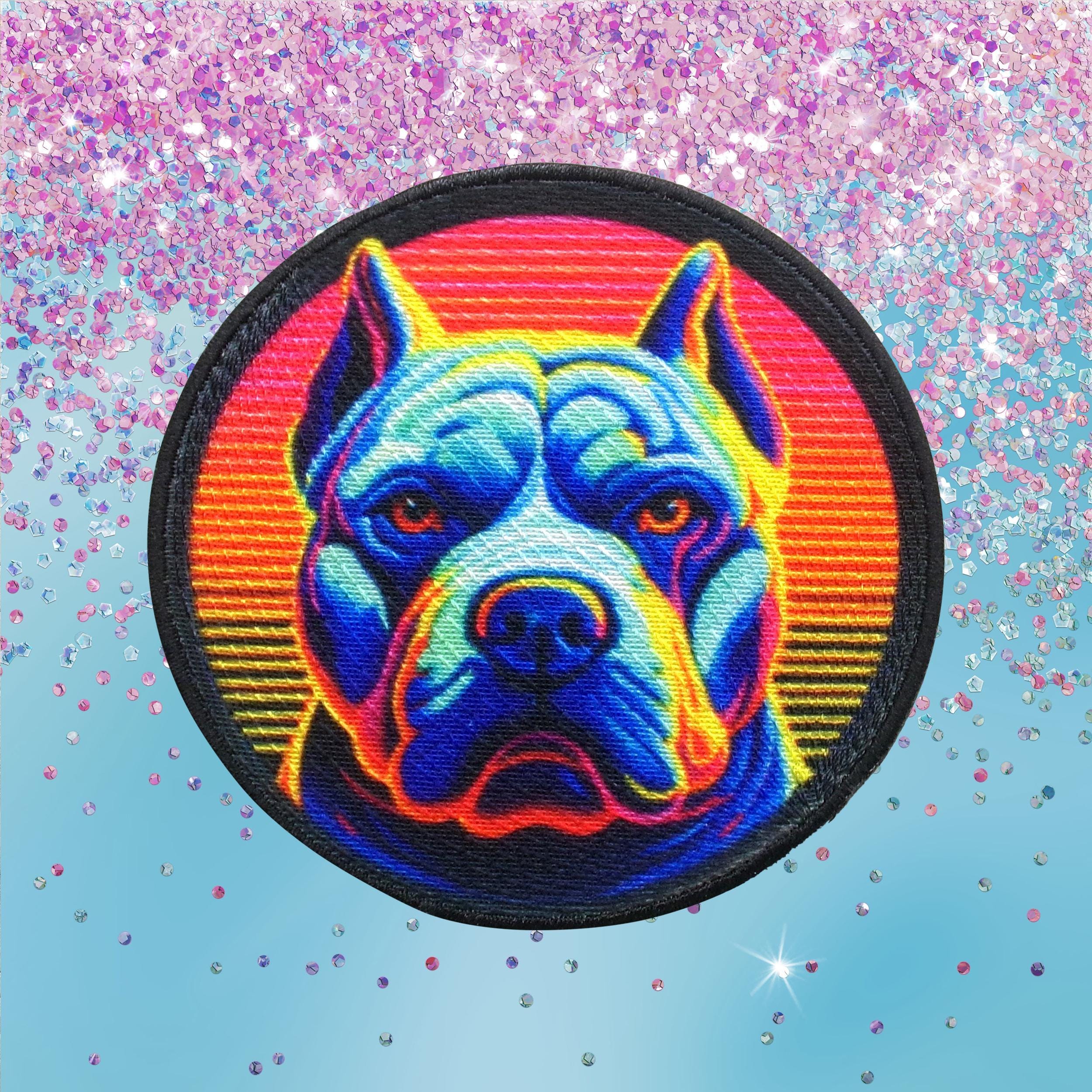 Pitbull Patch Printed Embroidered Base Iron-on/Sew-on Applique for Backpack Clothing Denim Jeans Jacket, Dog Puppy K9 Canine Neon Colorful