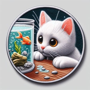 Cat Staring at Fish Bowl Patch Printed Embroidered Iron-on/Sew-on Applique for Backpack Clothing Jeans Jacket Diaper Bag, Cartoon, Big Eyes
