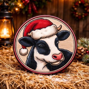 Christmas Cow Patch Printed Embroidered Iron-on/Sew-on Applique for Backpack Clothing Jeans Jacket Stocking, Christmas, Animals, Santa Hat