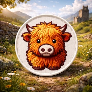 Highland Kuh Patch Gedruckt Gestickt Aufbügeln / Aufnähen Applikation für Rucksack Kleidung Denim Jeans Jacke Bauernhof Tiere, Natur, nettes Geschenk