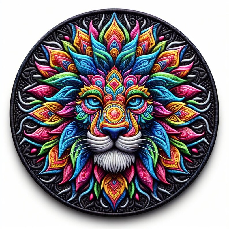K&ouml;nnte beinhalten: Ein farbenfrohes Mandala-Design mit einem L&ouml;wenkopf mit filigranen Details. Die L&ouml;wenm&auml;hne besteht aus leuchtenden Blumen und Bl&auml;ttern in den Farben Pink, Blau, Gr&uuml;n, Gelb und Orange. Der Hintergrund ist schwarz mit einem dezenten Muster.
