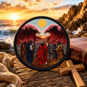 May include: Embroidered patch depicting a biblical scene of the parting of the Red Sea. The patch features figures in robes, a rising sun, and stylized waves in shades of red and blue. A wooden cross and a Bible are in the background.