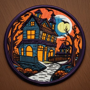 Haunted House Patch Embroidered Printed Iron-on/Sew-on Applique for Backpack Clothing Jeans Jacket Vest, Halloween Costume, Spooky, Scary