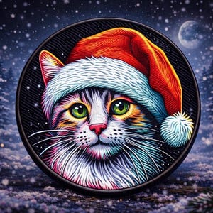 Parche de gato navideño bordado con estampado para planchar o coser, ideal para mochilas, ropa, vaqueros, chaquetas, calcetines, Navidad, animales y gorro de Papá Noel.