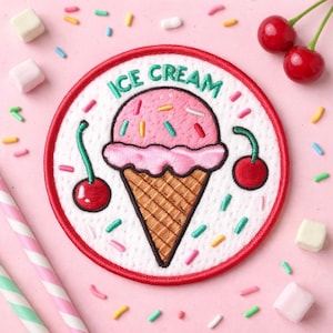 Ice Cream Cone Patch Printed Embroidered Iron-on/Sew-on Applique for Backpack Clothing Jeans Jacket Vest Diaper Bag, Sprinkles, Cherries