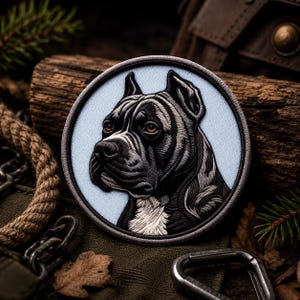 May include: Embroidered patch featuring a detailed portrait of a black and gray dog with brown eyes, set against a light blue background. The dog has a white patch on its chest. The patch is round with a gray border.