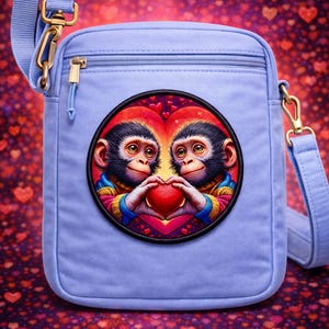 Monkey Patch Printed Embroidered Base Iron-on/Sew-on Applique Backpack Clothing Denim Jeans Jacket, Love Animal Valentine's Day Couple Heart image 3