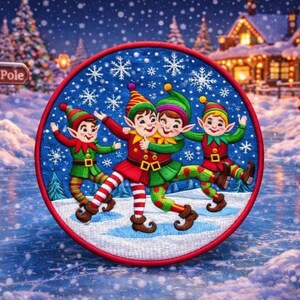 Dancing Elves Patch Printed Embroidered Iron-on/Sew-on Applique for Backpack Clothing Jeans Jacket Stocking, Christmas Trees, Snowflake