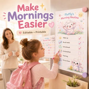 Op de afbeelding: Een roze en witte afdrukbare ochtendroutinekaart met de tekst "Make Mornings Easier" en "Editable + Printable". Een jong meisje met een roze rugzak gebruikt een roze stift om taken op de kaart af te vinken. De kaart bevat illustraties van een lam en een zon.